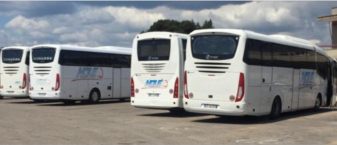 Flotta di autobus Autolinee Nolè in deposito a Salandra, provincia di Matera